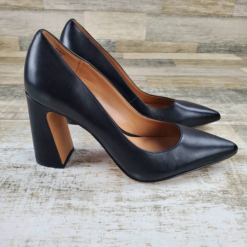 Vince Camuto Ableen Womens Pumps Sz 9 M Black Leather Block Heel Pointed Toe